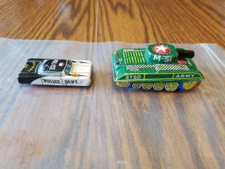 2 VTG 1960 ' S TIN VEHICLES ARMY TANK AND POLICE PATROL CAR JAPAN 3