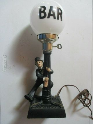 Antique Cast Iron Bar Lamp Music Box Drunk/hobo On A Light Pole Rare