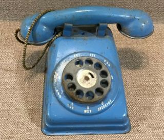 Vintage Blue Metal Childs Toy Rotary Telephone Dial Phone Steel Stamping Co.