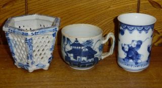 Antique Chinese Canton Porcelain Cup & Another Cup & Small Pottery Planter