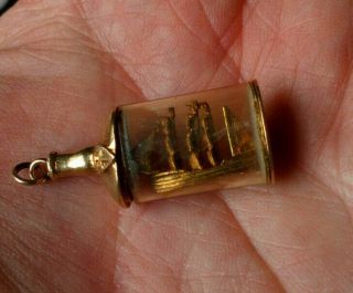 Rare Large Vintage Hm.  9ct Gold Charm / Pendant Ship In A Bottle Vgc
