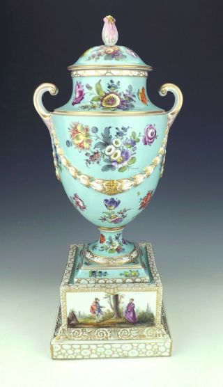 Antique Dresden Porcelain - Large Flower & Courting Couple Painted Covered Vase