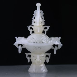 Exquisite Chinese Afghanistan Jade Hand Carved Dragon Incense Burner&lid