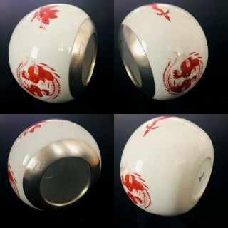 Rare Antique meissen porcelain Red Dragon Sterling Silver Large Bowl Vase 10
