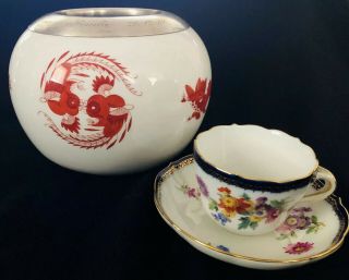 Rare Antique meissen porcelain Red Dragon Sterling Silver Large Bowl Vase 12