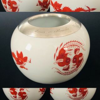 Rare Antique Meissen Porcelain Red Dragon Sterling Silver Large Bowl Vase