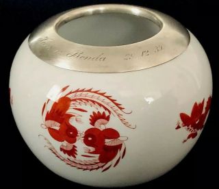 Rare Antique meissen porcelain Red Dragon Sterling Silver Large Bowl Vase 2