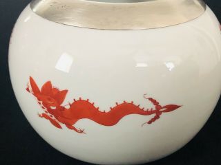 Rare Antique meissen porcelain Red Dragon Sterling Silver Large Bowl Vase 3