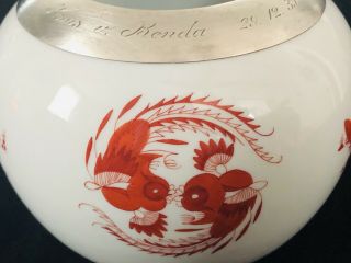 Rare Antique meissen porcelain Red Dragon Sterling Silver Large Bowl Vase 8