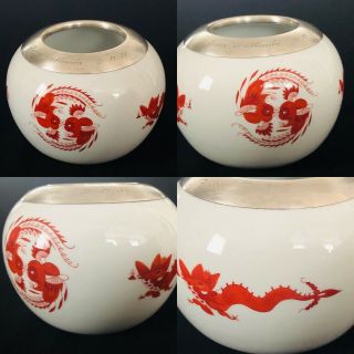 Rare Antique meissen porcelain Red Dragon Sterling Silver Large Bowl Vase 9