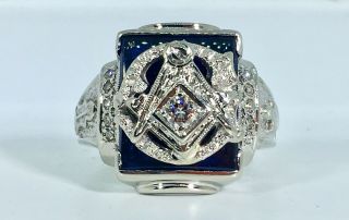 Estate Vintage Mens Natural Diamond Masonic Ring Solid 14k White Gold (size 8)