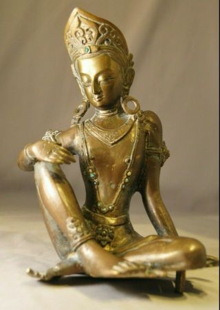 Fine Antique Chinese Tibetan Bronze Buddha With Turquoise Inlay