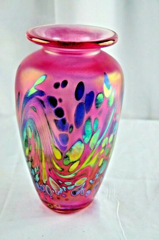 Vintage Brian Maytum Studio Art Glass Vase Pink & Gold Green Iridescent 1989,  9 