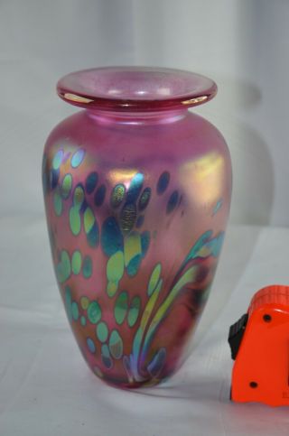 Vintage Brian Maytum Studio Art Glass Vase Pink & Gold Green Iridescent 1989,  9 