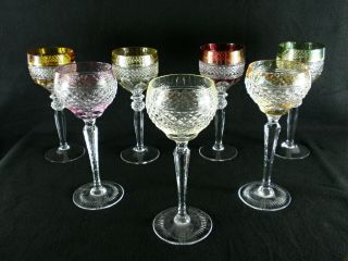 Rare Antique Baccarat Crystal Set 7 X Diamonds Wine Goblet W/ Great Colors