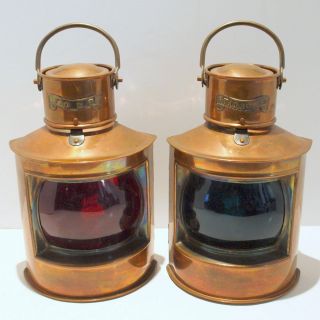 2 Vintage Nautical Copper Port,  Starboard Lantern Ship Oil Lanterns