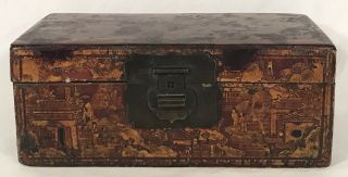 Antique 19th C Chinese Lacquer Leather Document Box - Figural,  Red,  Gold,  Black