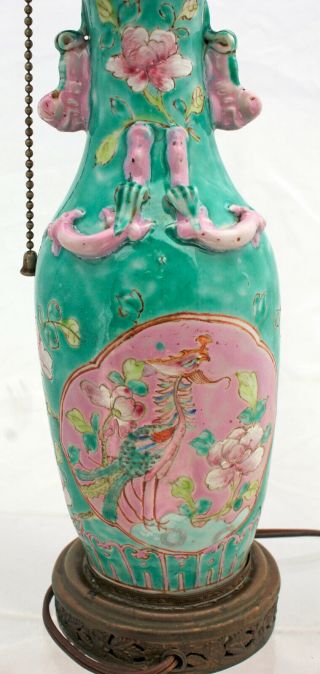Antique Chinese Famille Rose Phoenix Lamp Brass Base Kylin Handles Dragons 6