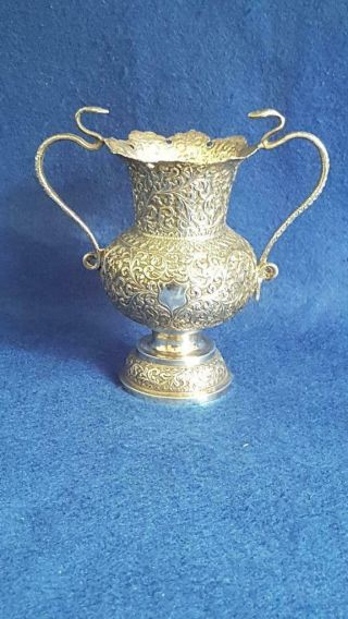Antique Asia Minor Sterling Silver Serpent Handled Vase W Repoussé Pattern 207g