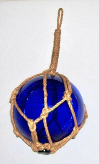 Vintage Cobalt Blue Glass Fishing Float Buoy Ball W/netting,  Pontil (8.  5 " D,  26 " C)