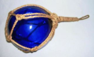 Vintage Cobalt Blue Glass FISHING FLOAT BUOY BALL w/Netting,  Pontil (8.  5 