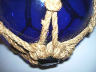 Vintage Cobalt Blue Glass FISHING FLOAT BUOY BALL w/Netting,  Pontil (8.  5 