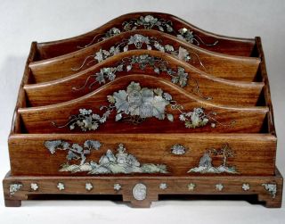 Antique Chinese Mother Of Pearl Inlaid Rosewood Floral Letter Rack Indo China