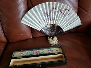 Antique Oriental Dragon Embroidered Hand Fan Bakelight Frame,  Painted Box