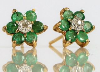 Vintage 14k Yellow Gold Flower Natural Emerald Earrings With Diamonds 1.  5 G