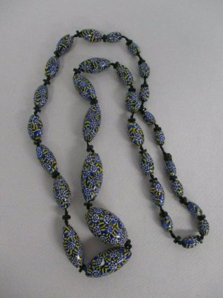 Vintage Millifiori Blue With Flowers Art Glass Bead Necklace 30 " So Pretty