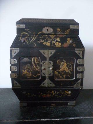 Antique Meiji Japanese Lacquer Tansu Hand Painted Birds Cabinet Jewellery Box