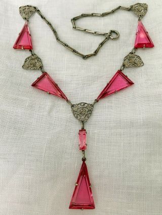 Vintage Antique Art Deco Pink Crystal Glass Paste Filigree Open Back Necklace