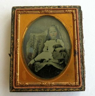 Antique Daguerreotype Photo In Case Little Girl Holding Porcelain Doll Tintedthh