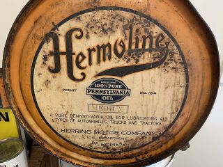 Vintage HERMOLINE Pennsylvania Oil Herring Motor Co 5 Gallon Rocker Oil Can 5