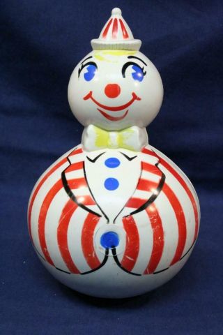 Vintage 1950’s Roly - Poly 9.  5” Clown Jingle Bell Baby Toddler Toy Plastic