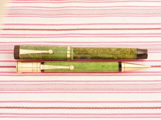 Vintage PARKER DUOFOLD SENIOR Green Jade Lucky Curve Fountain Pen Pencil SET BIG 2