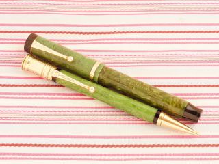 Vintage PARKER DUOFOLD SENIOR Green Jade Lucky Curve Fountain Pen Pencil SET BIG 4