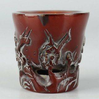 Chinese Exquisite Handmade flower Carving Ox Horn cup 2