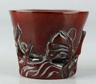Chinese Exquisite Handmade flower Carving Ox Horn cup 3