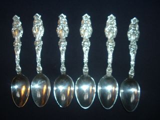 6 Whiting Sterling Silver Teaspoons 5 3/4 " Lily Pattern Mono " E " Dated 1906 - 1910