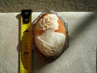 Antique Extra Large Carnelian Shell Cameo Pendant Brooch 14k White Gold 17g