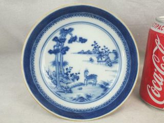 Fine 18th C Chinese Porcelain Blue & White Deer Landscape Saucer Dish