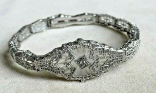 C1920 Esemco Sterling Filigree & Camphor Glass Art Deco Bracelet 7 5/8 "
