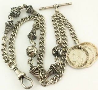 Antique Victorian Solid Silver Albertina Watch Chain W Coin Fobs