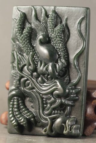 Chinese Natural Hetian Jade Hand - Carved Dragon Design Pendant 2.  5 Inch