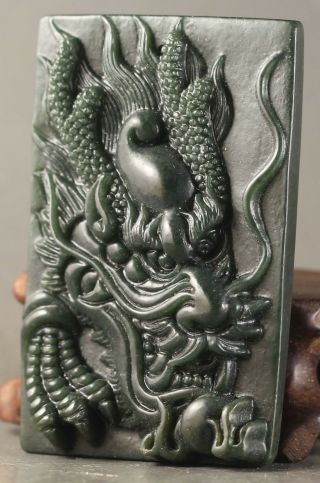 Chinese natural hetian jade hand - carved dragon design pendant 2.  5 inch 3