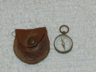 Vtg Antique Brass Pocket Compass Made In France Leather Case Buffalo Mich