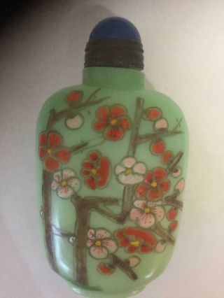 Vintage Hand Painted Plum Flower Green Glass Snuff Bottle