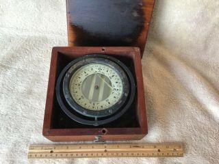 Antique Ship Compass In Wood Box Brass Swivel Star Pathfinder Milton Mass