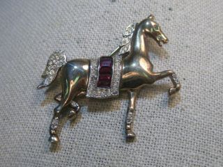 Vintage Alfred Philippe Crown Trifari Horse Brooch,  Red/clear Rhinestones,  2 "